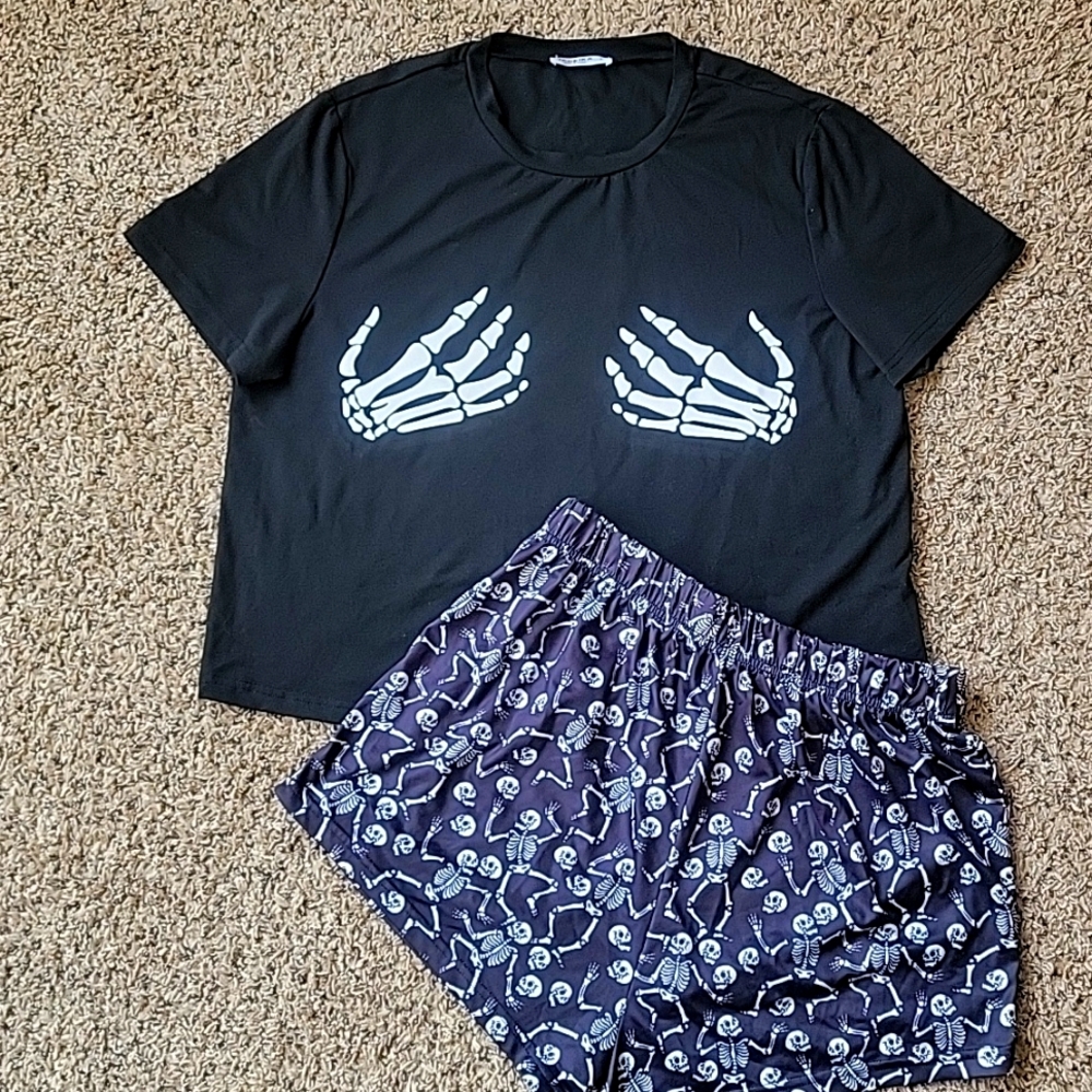 Skeleton Print Funny Graphic Crop Top and Shorts Pajama Set